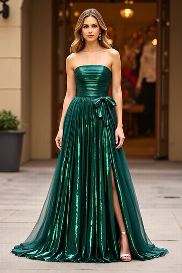 Glitter Dark Green A Line Strapless Ruched Long Formal Dress with Slit